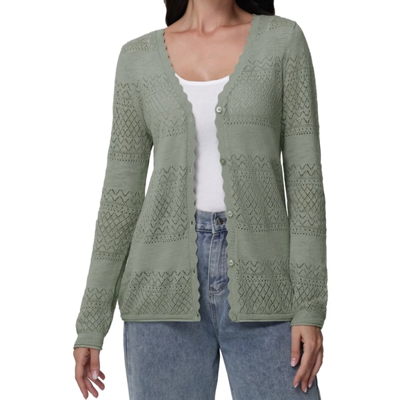 Frye Women's Green Pointelle Cardigan Sweater - Picture 3 of 8